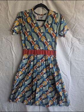 Svaha Space Shuttle Print V-Neck Fit & Flare Dress in Blue with Red Waistband